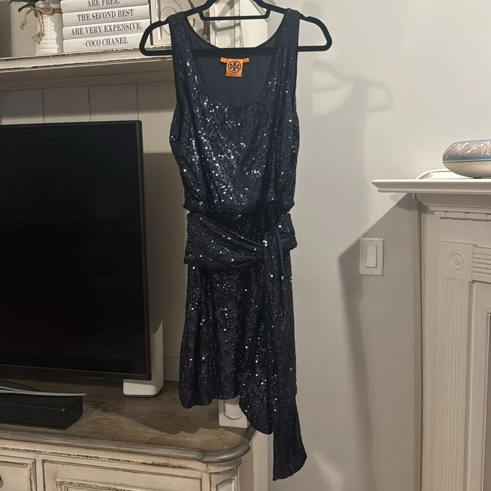 Tory Burch Alton Blue Sequin Belted Sleeveless Dress - Picture 2 of 10